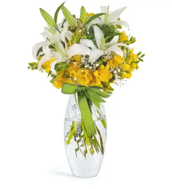 Şık Vazoda Sarı Frezya ve Lilyumlar Aranjmanı